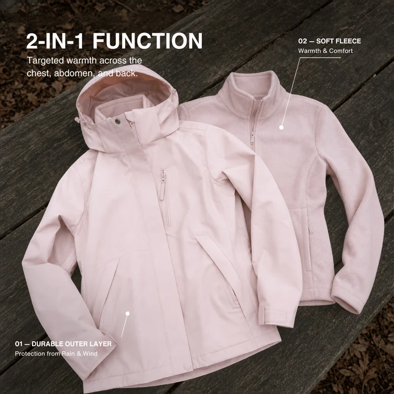 Women's 2-in-1 Waterproof Jacket – Breathable, Windproof with Removable Fleece