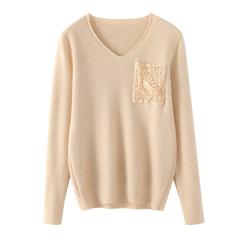 Damen Kaschmir‑Optik V‑Ausschnittpullover mit floraler Häkelapplikation Drune
