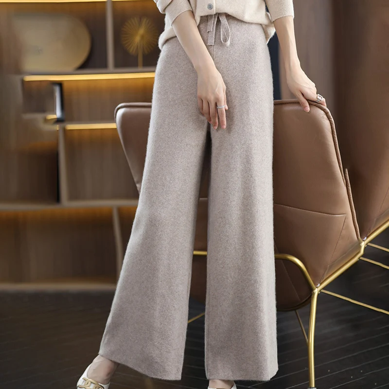 Damen High‑Waist Palazzo‑Strickhose mit Kordelzug und kaschmirähnlicher Weichheit Drune