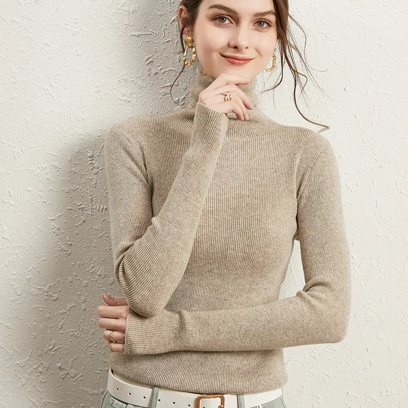 Damen Figurnaher Rippstrick-Rollkragenpullover mit kurzem Saum und weichem Fall Drune