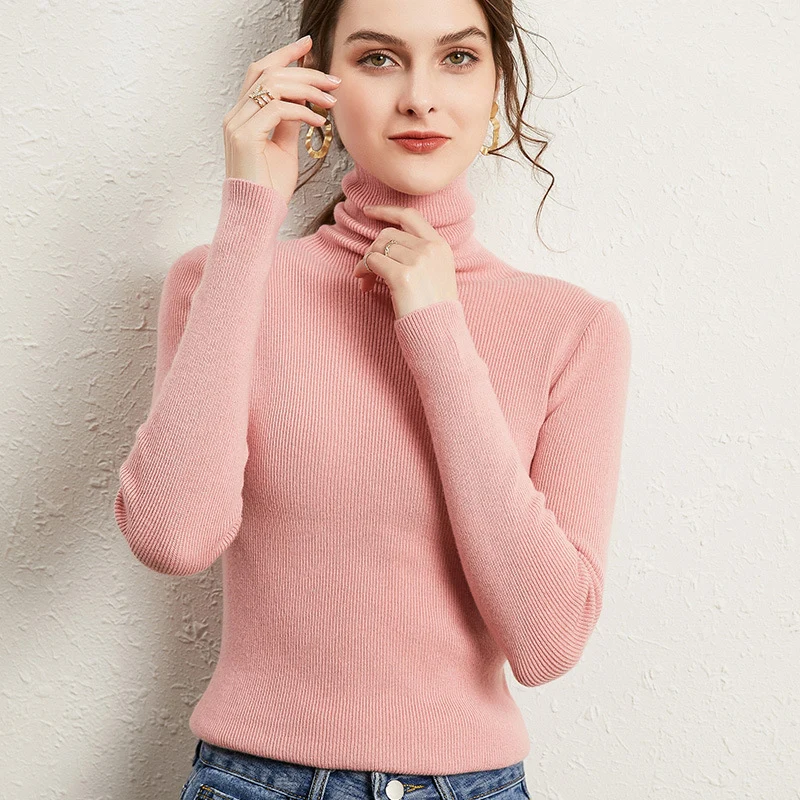 Damen Figurnaher Rippstrick-Rollkragenpullover mit kurzem Saum und weichem Fall Drune