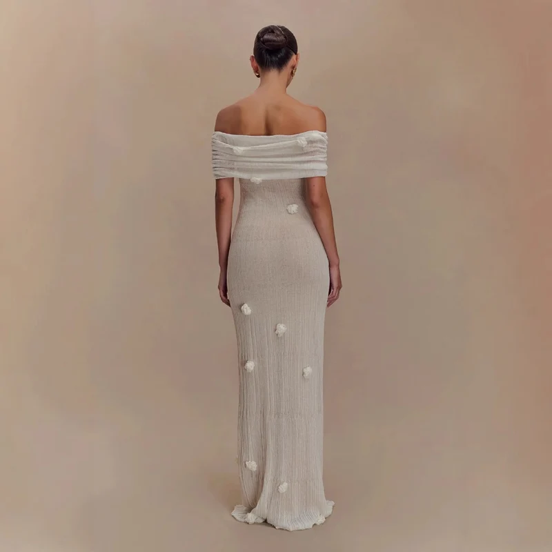 Damen Elegantes Maxikleid mit Off-Shoulder-Design und zarten 3D-Blütenapplikationen Drune
