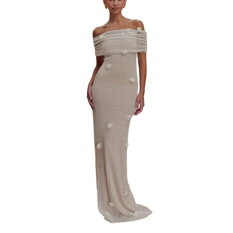 Damen Elegantes Maxikleid mit Off-Shoulder-Design und zarten 3D-Blütenapplikationen Drune