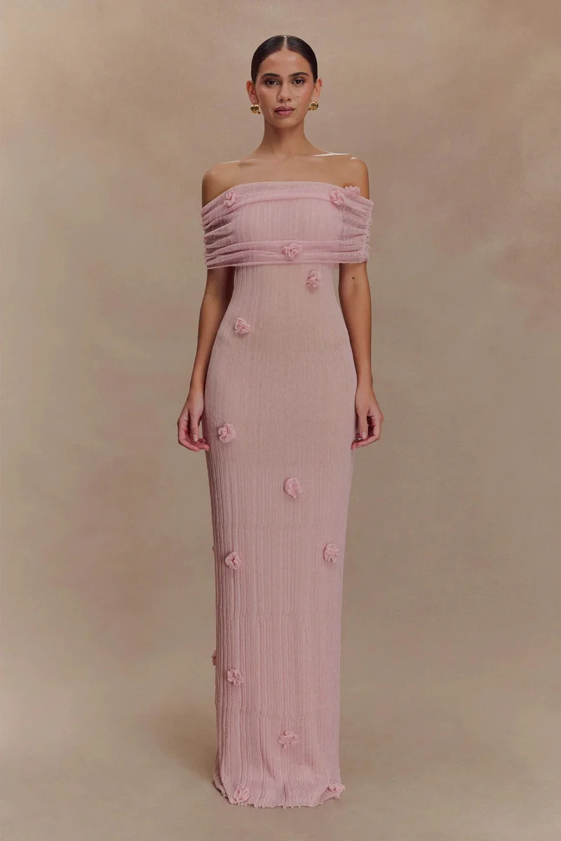 Damen Elegantes Maxikleid mit Off-Shoulder-Design und zarten 3D-Blütenapplikationen Drune