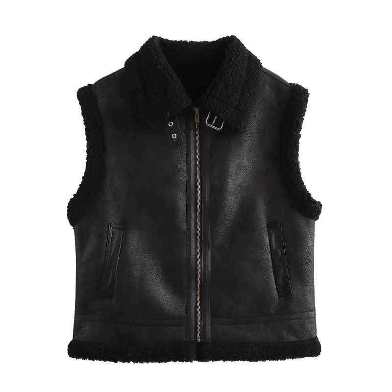 Damen Teddyweste mit hohem Kragen und Kunstlederelementen Drune