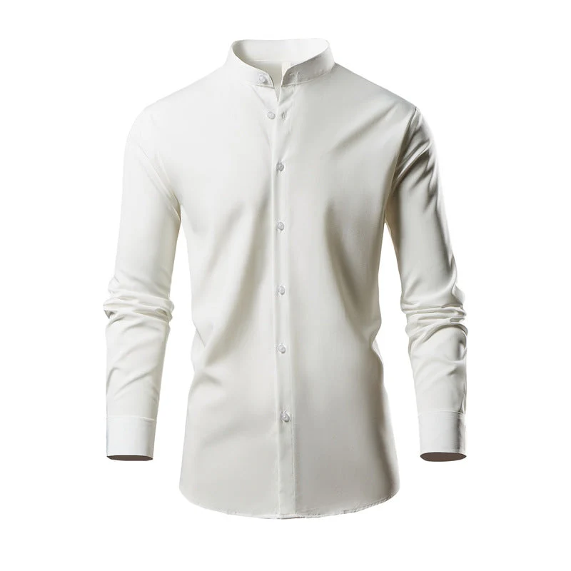 Herren elegantes Langarmhemd mit stehendem Kragen und modernen Knopfdetails Drune