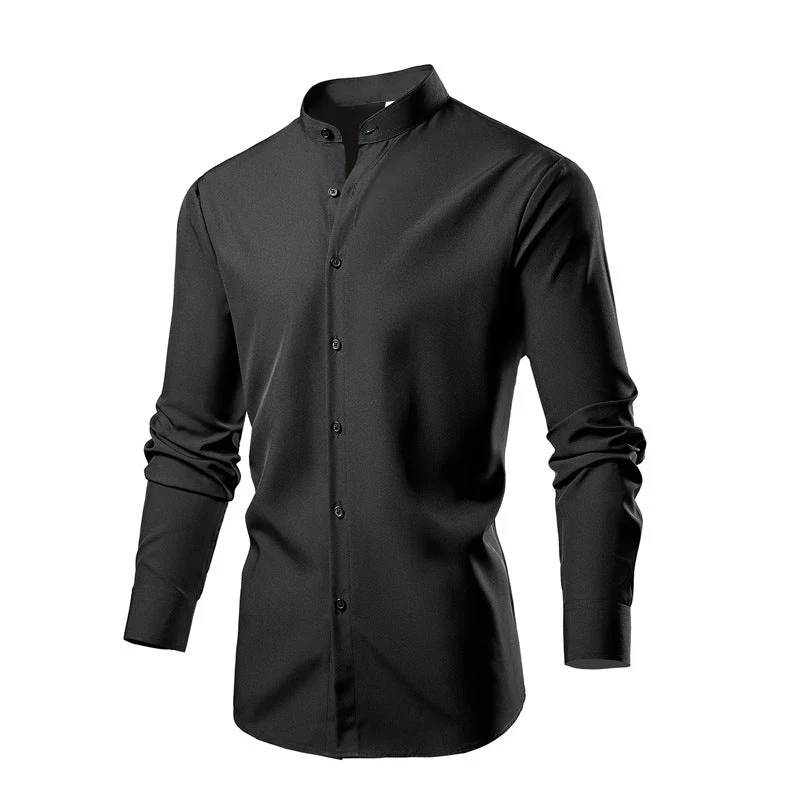 Herren elegantes Langarmhemd mit stehendem Kragen und modernen Knopfdetails Drune