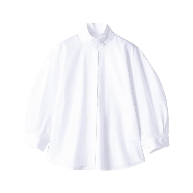 Damen Oversize Bluse mit Stehkragen und verdeckter Knopfleiste Drune
