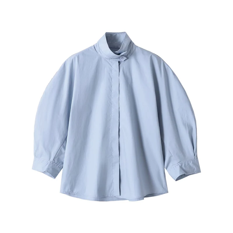 Damen Oversize Bluse mit Stehkragen und verdeckter Knopfleiste Drune