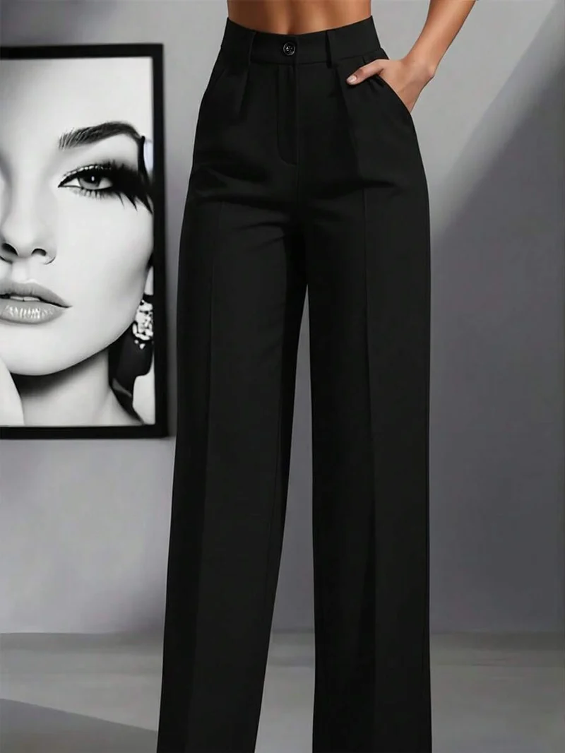 Damen Hochtaillierte Palazzo-Stretchhose mit Bügelfalte und Eingrifftaschen Drune