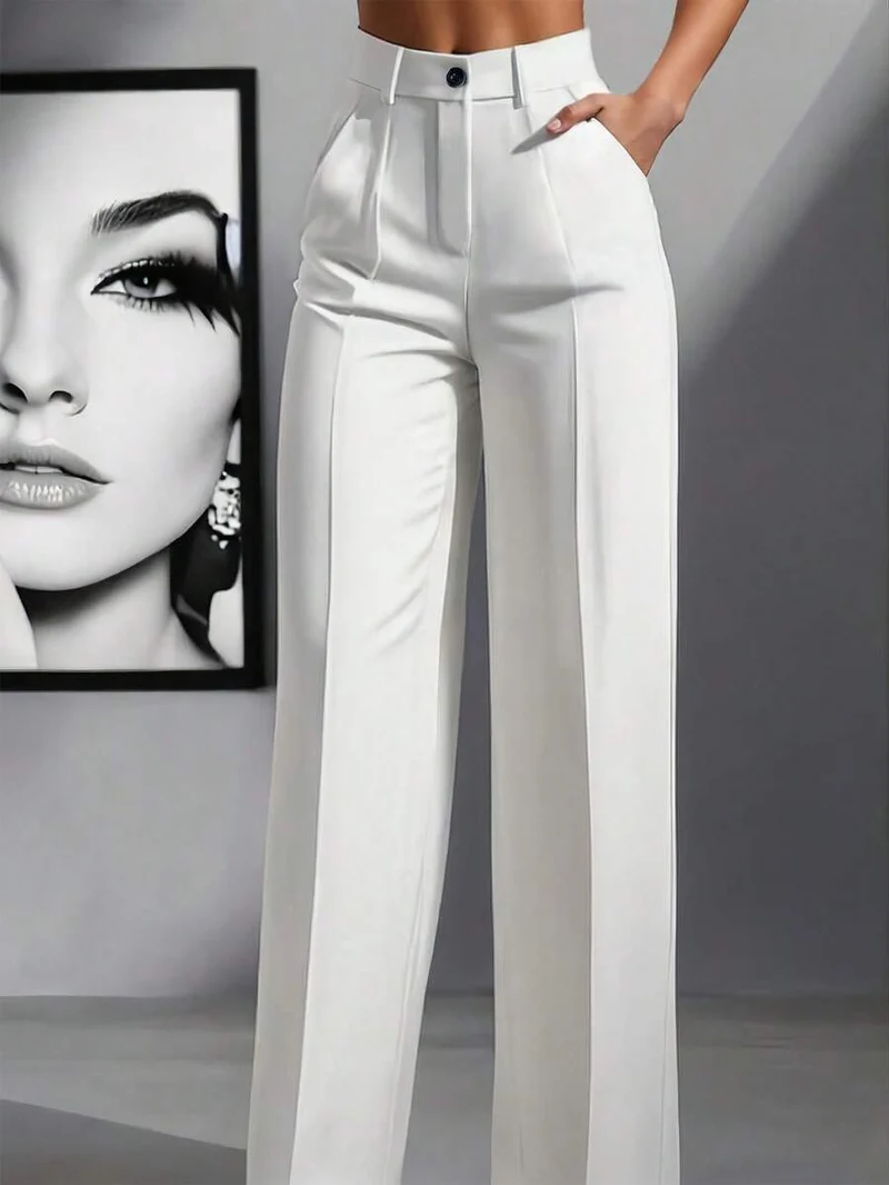 Damen Hochtaillierte Palazzo-Stretchhose mit Bügelfalte und Eingrifftaschen Drune