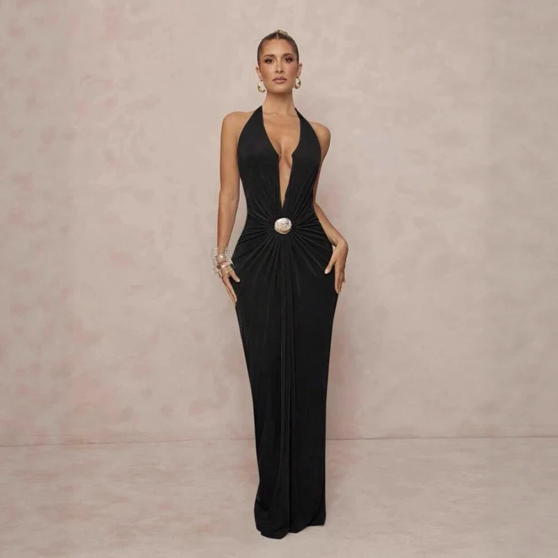 Damen Glamouröses Abendkleid mit tiefem V-Ausschnitt und eleganter Drapierung Drune