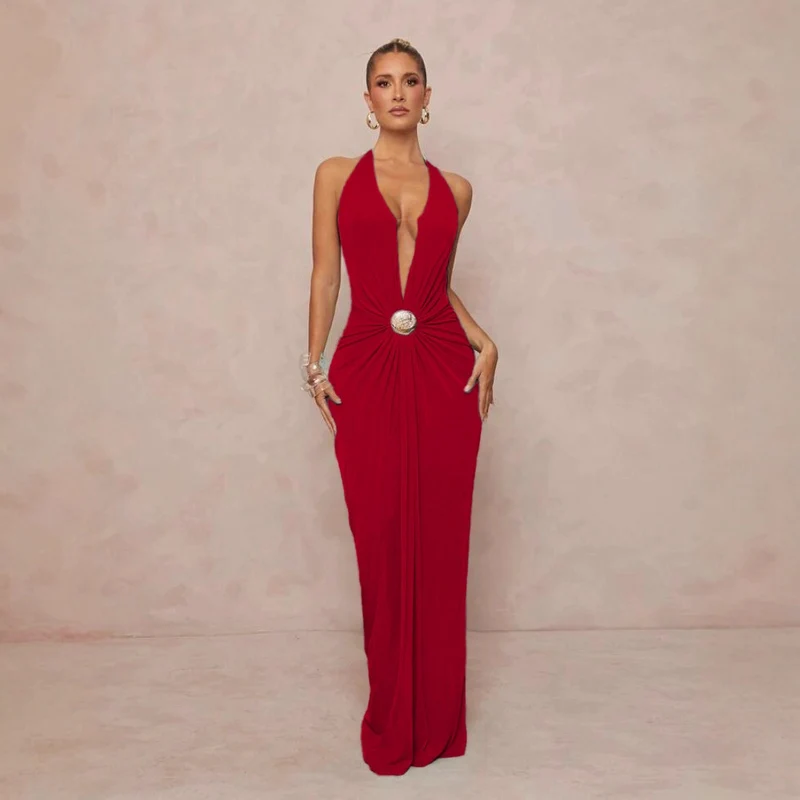 Damen Glamouröses Abendkleid mit tiefem V-Ausschnitt und eleganter Drapierung Drune