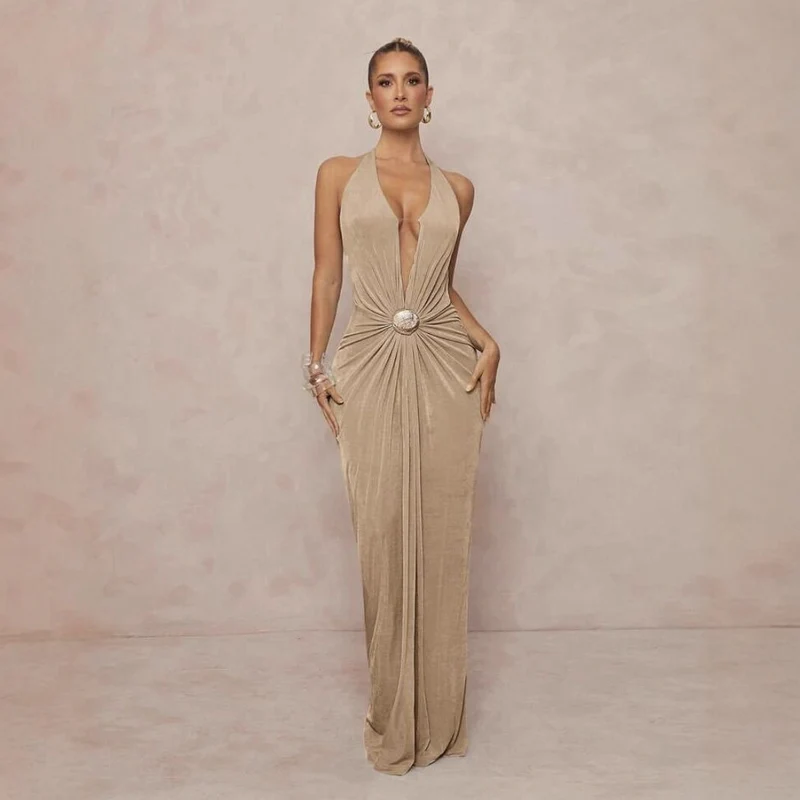 Damen Glamouröses Abendkleid mit tiefem V-Ausschnitt und eleganter Drapierung Drune