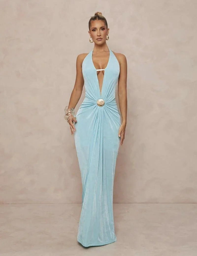 Damen Glamouröses Abendkleid mit tiefem V-Ausschnitt und eleganter Drapierung Drune