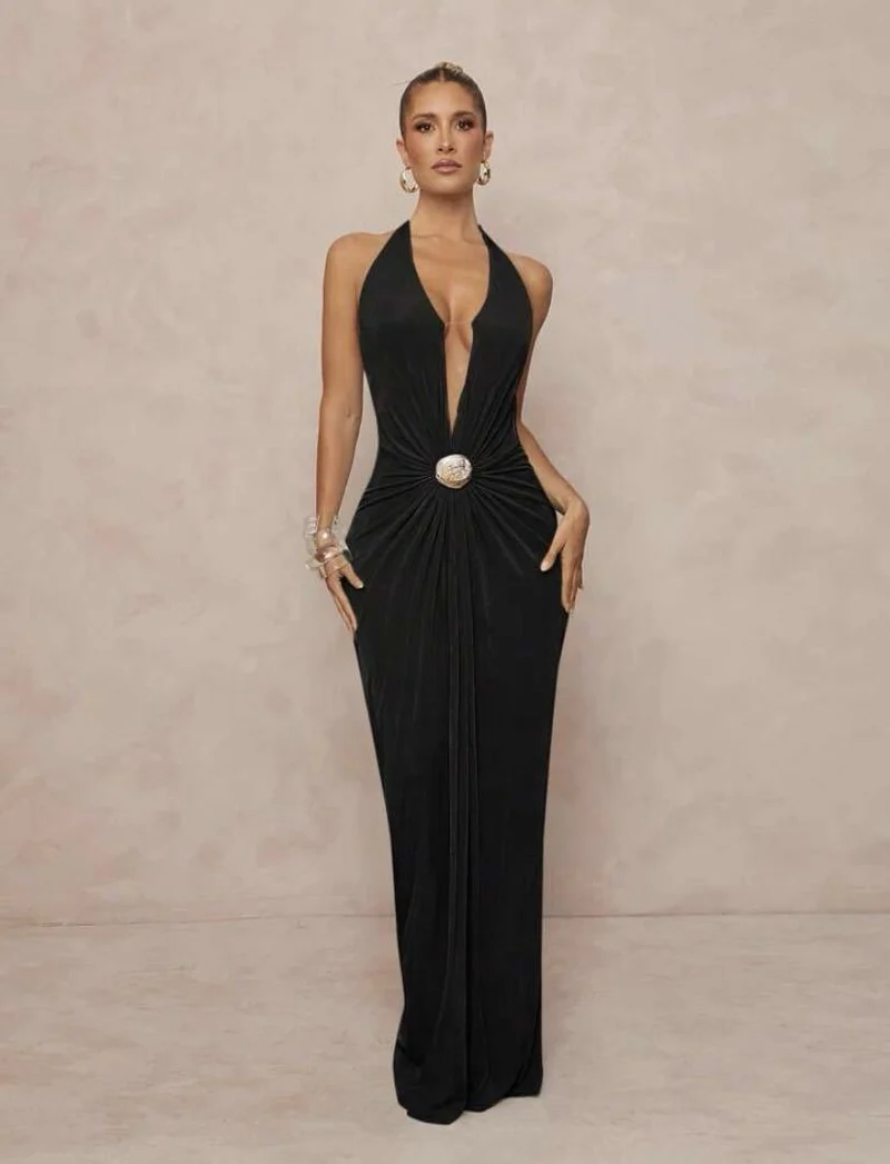 Damen Glamouröses Abendkleid mit tiefem V-Ausschnitt und eleganter Drapierung Drune