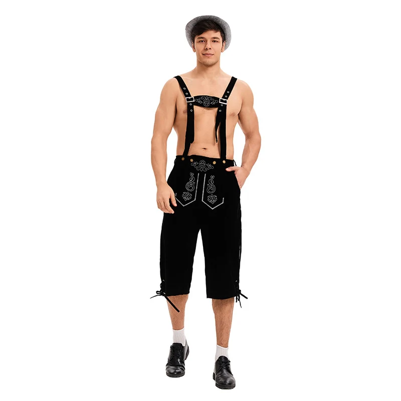Herren nan traditionelle kurze Trachtenlederhose mit bestickten verstellbaren Hosenträgern Drune