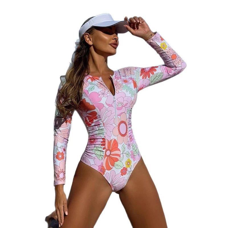 Damen Einteiliger Badeanzug mit floralem Druck und sportlichem Reißverschluss Drune