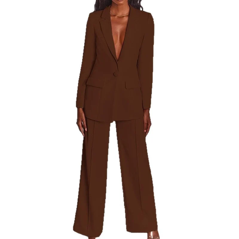 Damen nan taillierter Hosenanzug mit tiefem Revers, Ein-Knopf-Verschluss und Palazzo-Hose Drune
