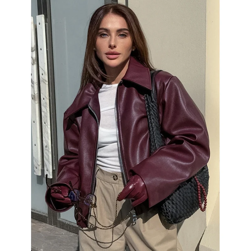Damen Kunstlederjacke mit Oversized-Schnitt und klassischem Kragen Drune