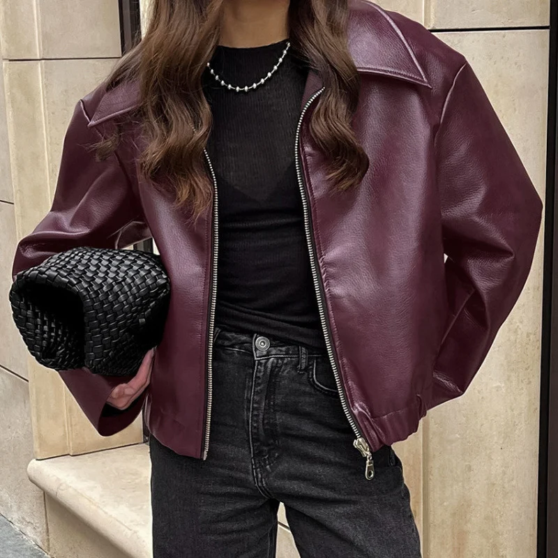Damen Kunstlederjacke mit Oversized-Schnitt und klassischem Kragen Drune