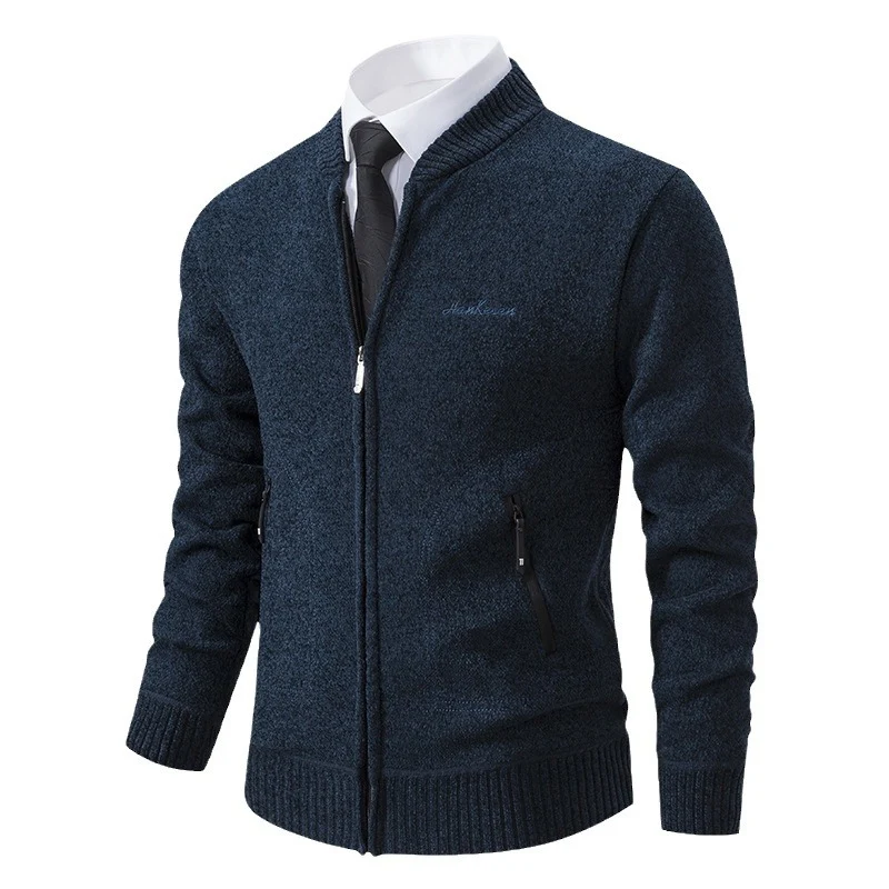Herren nan leichter Business-Strickcardigan mit verdecktem Frontreißverschluss, Reißverschlusstaschen und geripptem Bund Drune