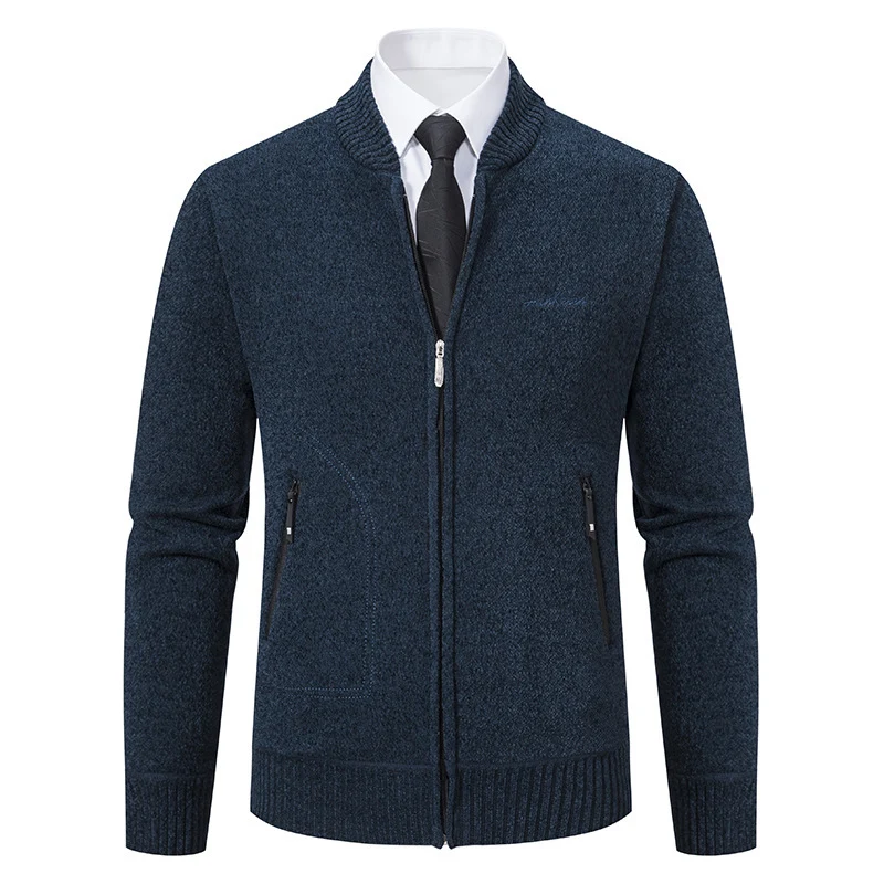 Herren nan leichter Business-Strickcardigan mit verdecktem Frontreißverschluss, Reißverschlusstaschen und geripptem Bund Drune