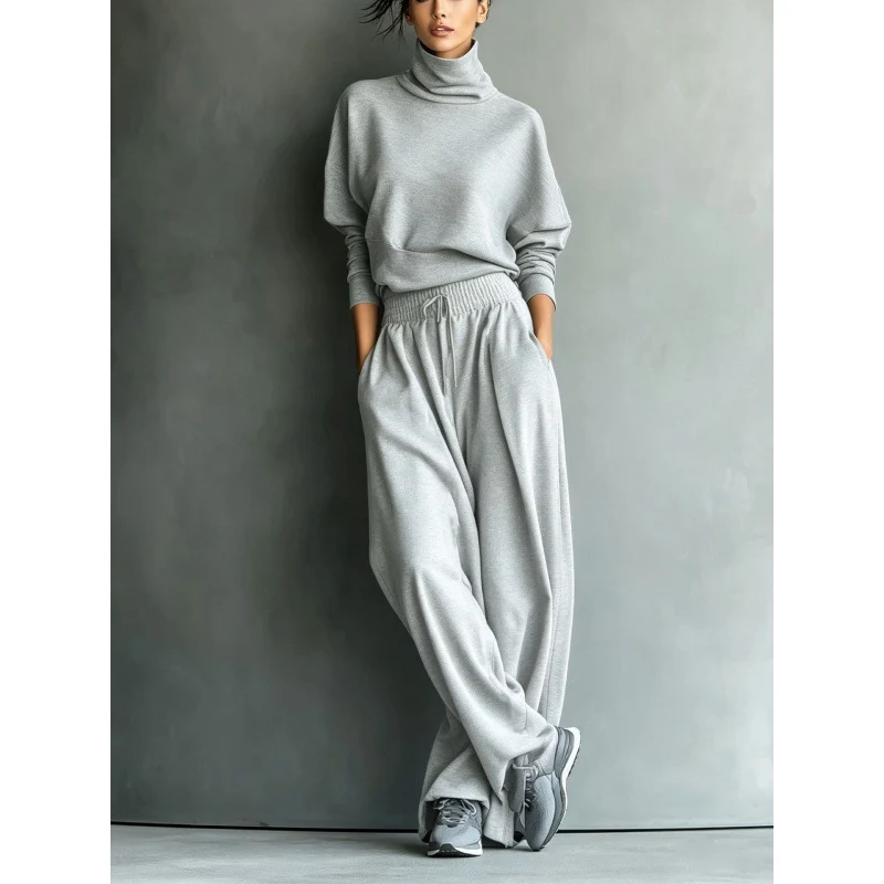 Damen Rollkragen-Loungewear-Set mit Oversize-Oberteil und weitem Gummibund-Hose Drune