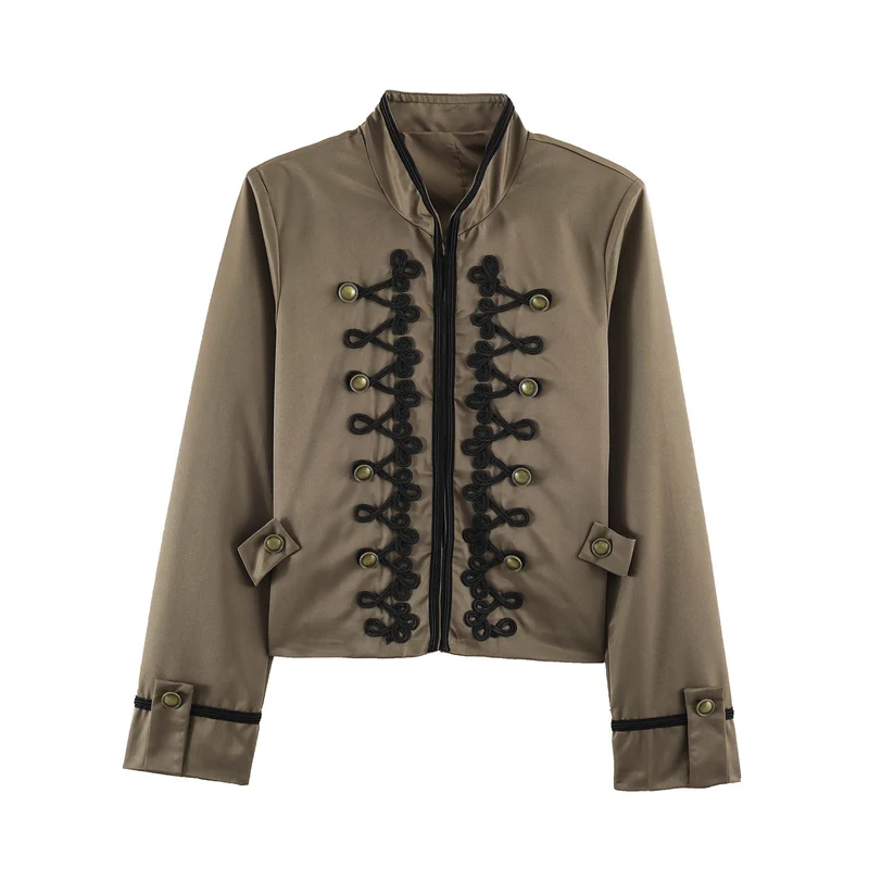 Damen Cropped-Kurzblazer im Kavallerie-Stil mit dekorativen Kordelriemen und Messingbuttons Drune