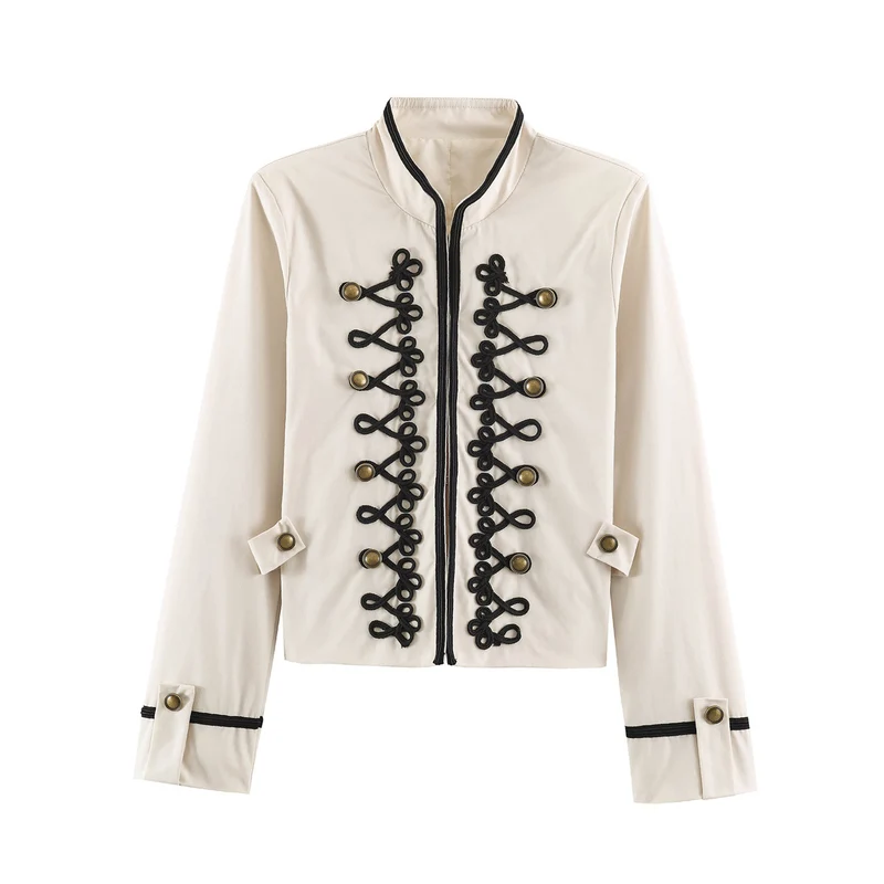 Damen Cropped-Kurzblazer im Kavallerie-Stil mit dekorativen Kordelriemen und Messingbuttons Drune