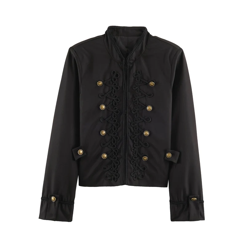 Damen Cropped-Kurzblazer im Kavallerie-Stil mit dekorativen Kordelriemen und Messingbuttons Drune