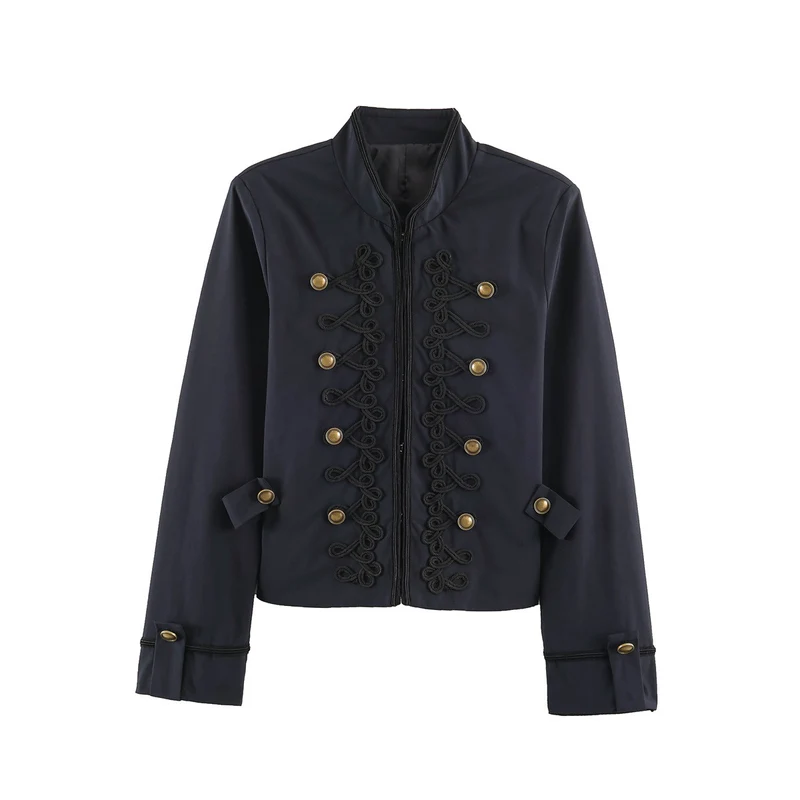 Damen Cropped-Kurzblazer im Kavallerie-Stil mit dekorativen Kordelriemen und Messingbuttons Drune