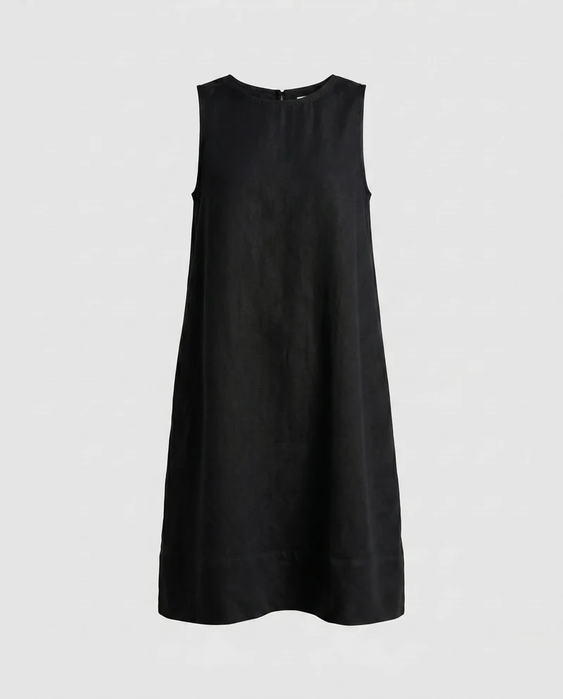 Damen lässiges Leinen-Kleid mit feinem Rundhalsausschnitt und minimalistischer Silhouette