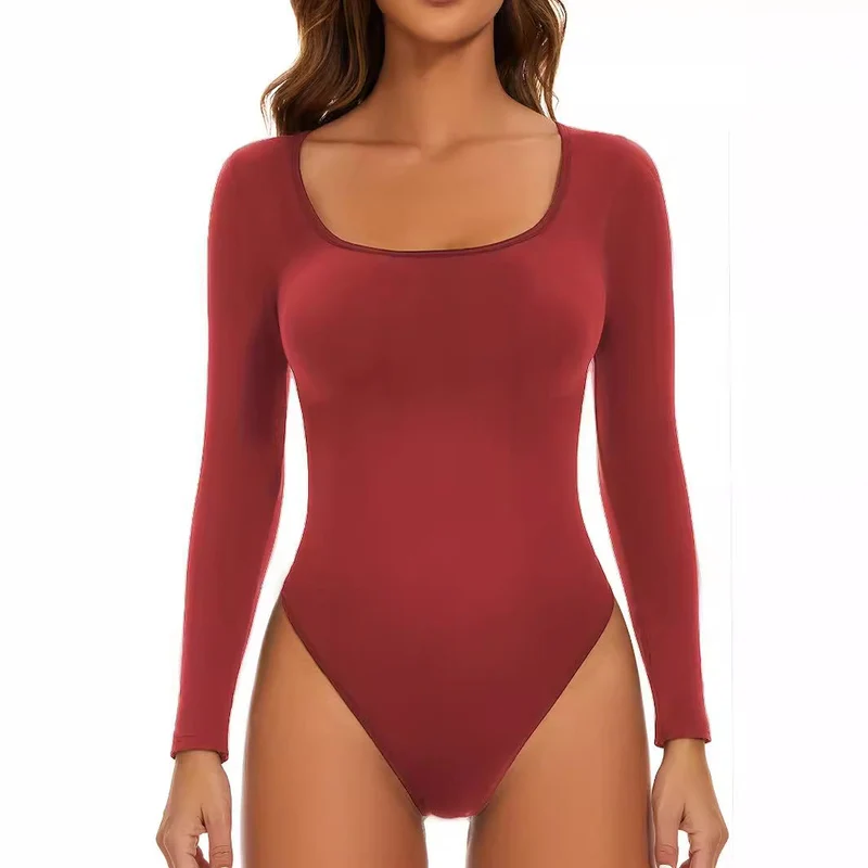 Damen Langarm Bodysuit mit Tiefem Rundhalsausschnitt und Figurbetontem Schnitt Drune