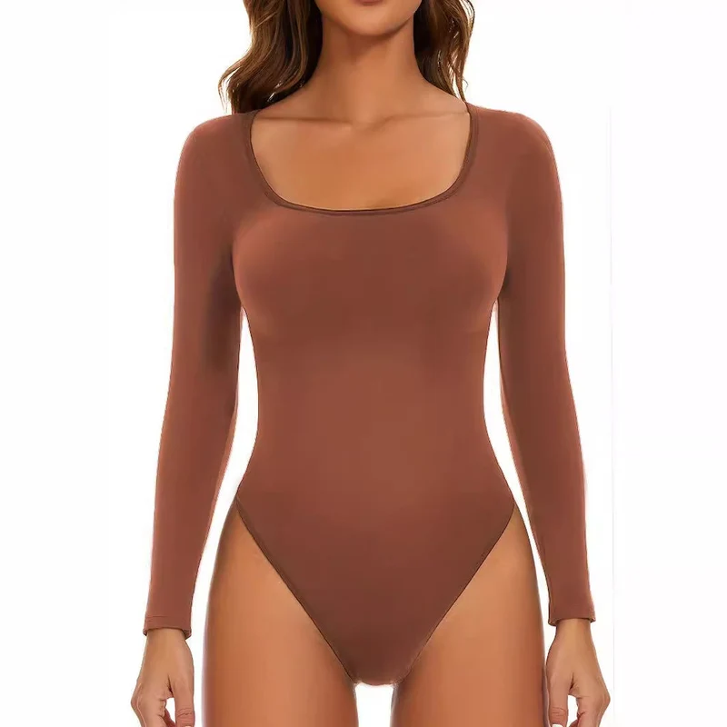 Damen Langarm Bodysuit mit Tiefem Rundhalsausschnitt und Figurbetontem Schnitt Drune