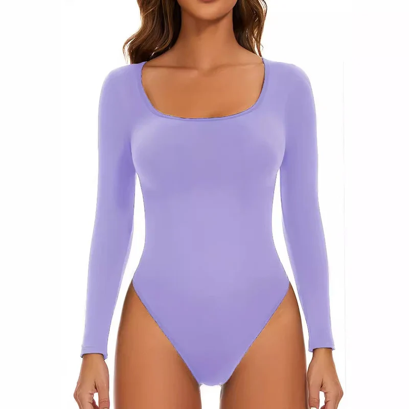 Damen Langarm Bodysuit mit Tiefem Rundhalsausschnitt und Figurbetontem Schnitt Drune