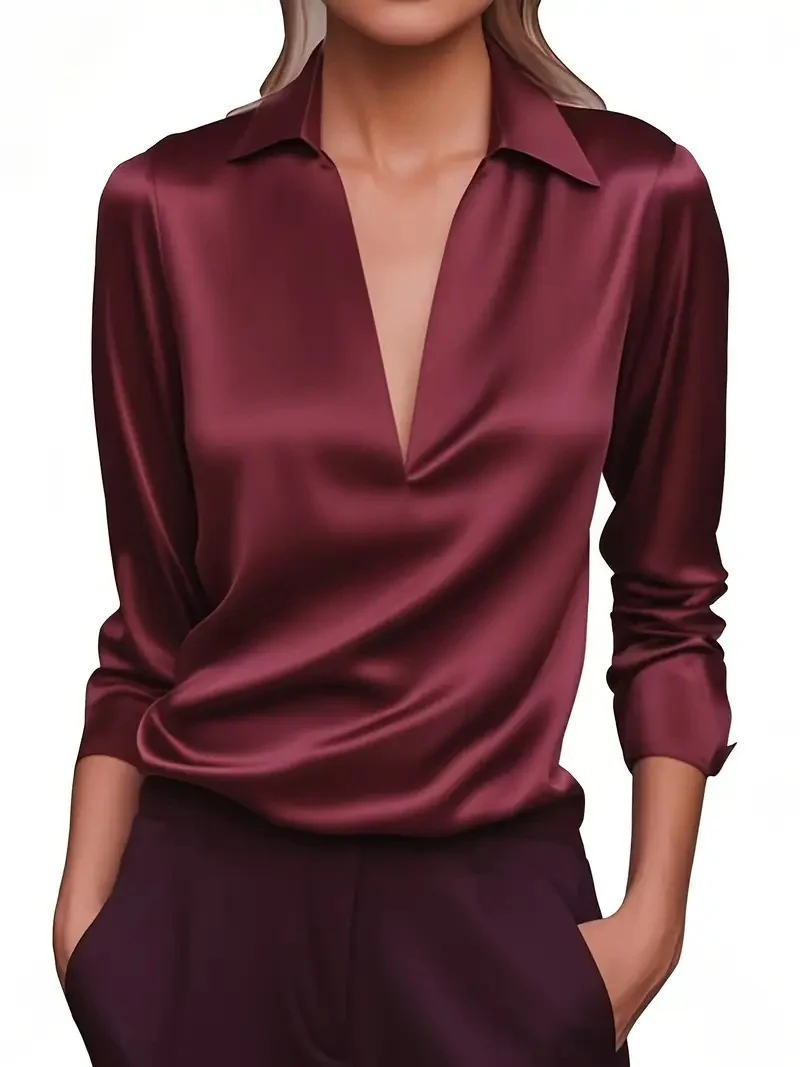 Damen Seidiges Satin-Blusenshirt mit tiefem V‑Ausschnitt und Hemdkragen Drune