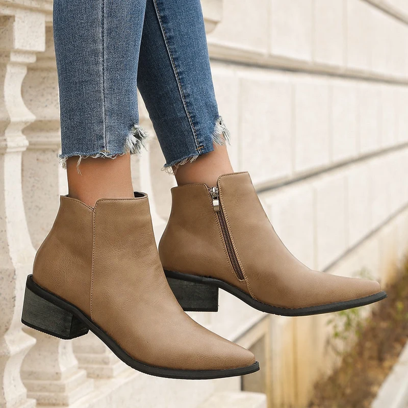 Damen elegante Ankle-Boots mit spitzem Fersenbereich und seitlichem Reißverschluss Drune