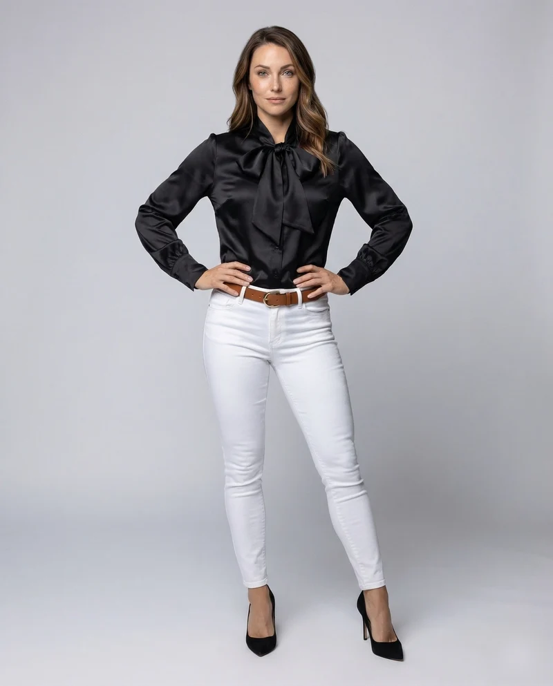 Damen Satinbluse Schleifenkragen Puffärmel