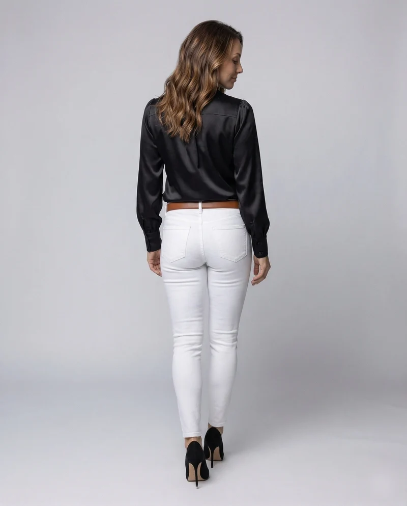 Damen Satinbluse Schleifenkragen Puffärmel
