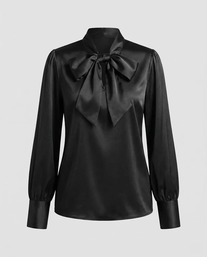 Damen Satinbluse Schleifenkragen Puffärmel
