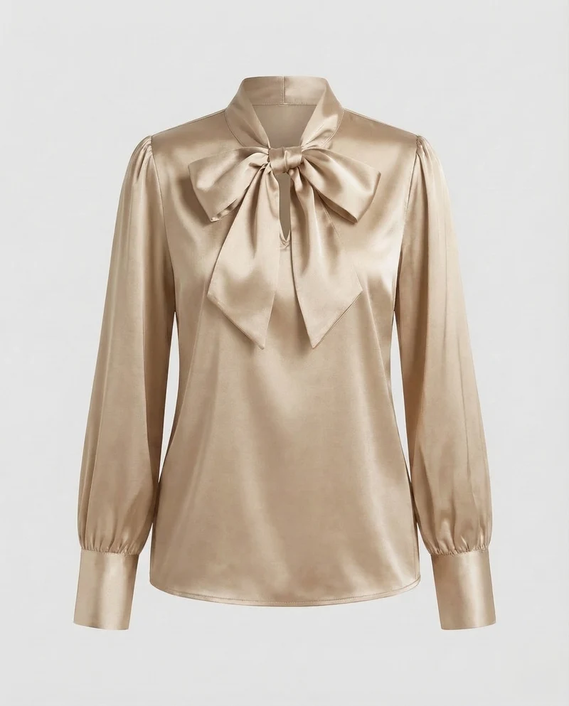 Damen Satinbluse Schleifenkragen Puffärmel