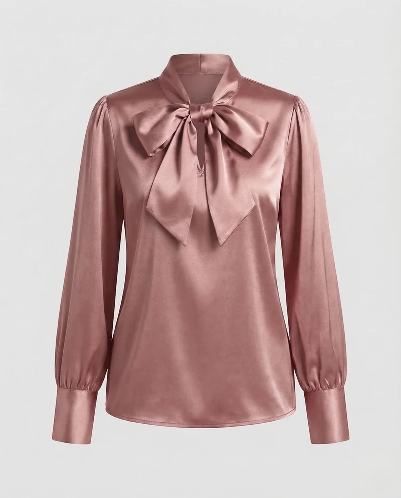 Damen Satinbluse Schleifenkragen Puffärmel