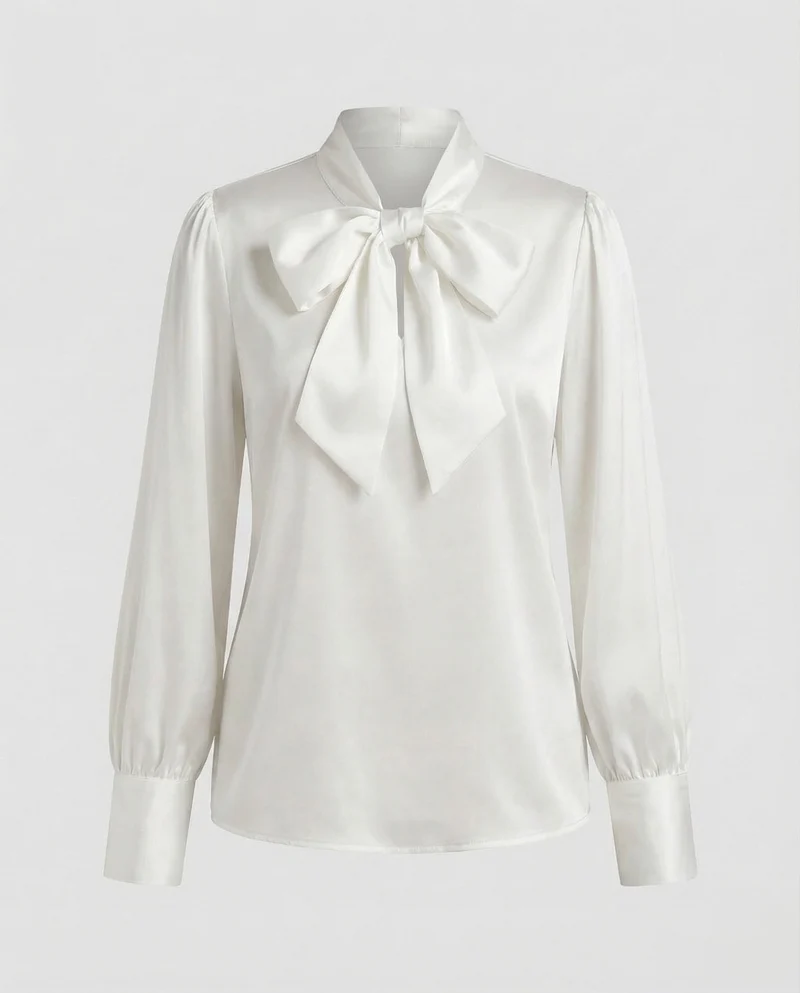 Damen Satinbluse Schleifenkragen Puffärmel
