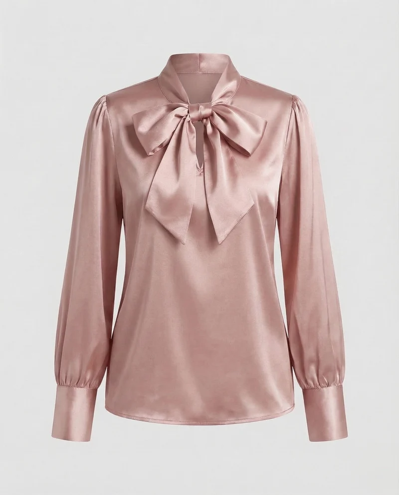 Damen Satinbluse Schleifenkragen Puffärmel