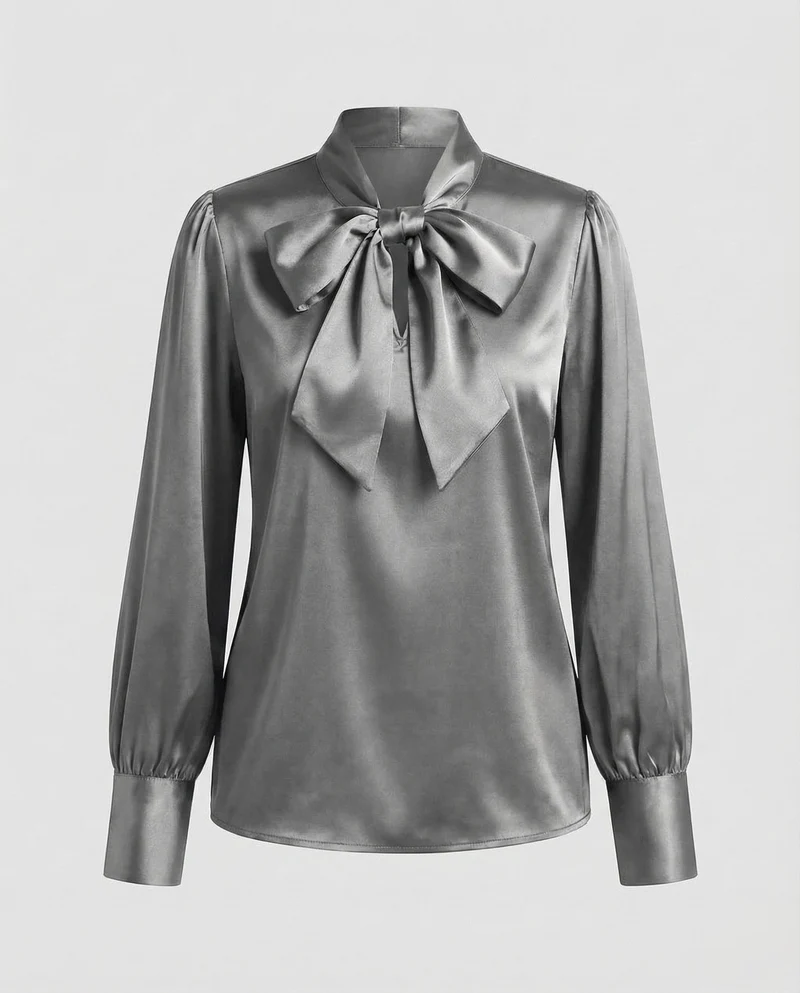 Damen Satinbluse Schleifenkragen Puffärmel
