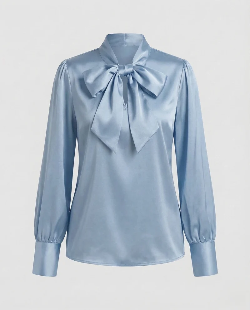 Damen Satinbluse Schleifenkragen Puffärmel