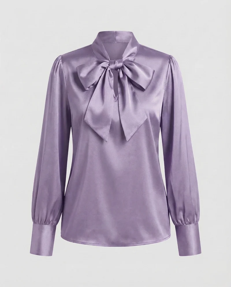 Damen Satinbluse Schleifenkragen Puffärmel