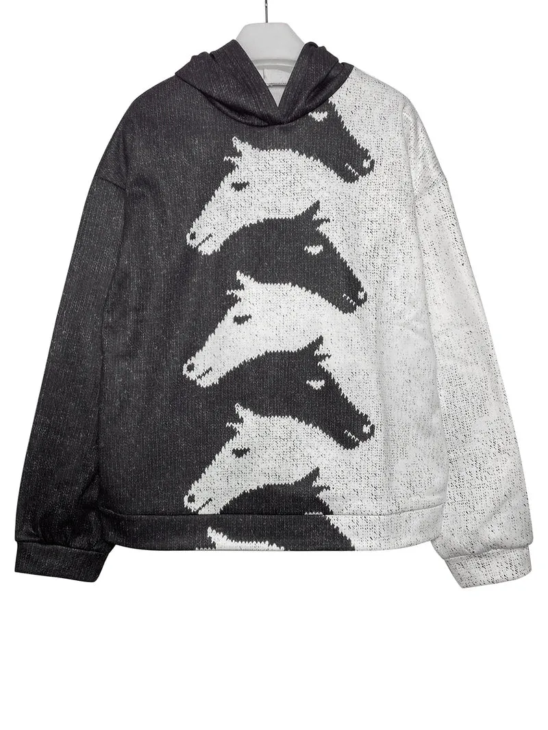 Damen Hoodie mit kreativem Pferdemuster und bequemer Passform Drune