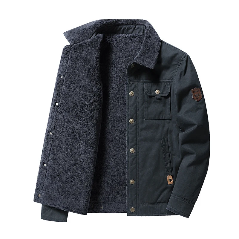 Herren Canvas-Blouson mit vollem Sherpa-Innenfutter, Hemdkragen und Utility-Brusttasche Drune
